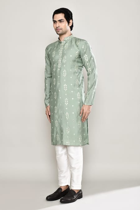 Arihant Rai Sinha_Green Silk Mirrors Straight Embroidered Kurta And Pant Set _at_Aza_Fashions