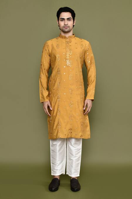 Buy_Arihant Rai Sinha_Yellow , Satin Mirrors Embroidered Kurta And Pant Set _Online_at_Aza_Fashions