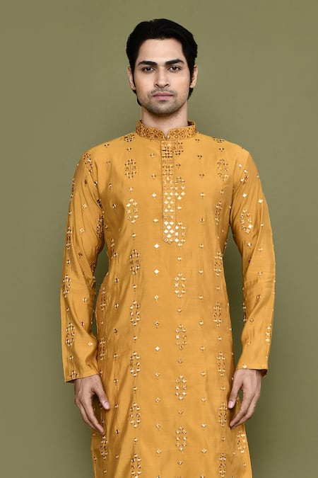 Shop_Arihant Rai Sinha_Yellow , Satin Mirrors Embroidered Kurta And Pant Set _Online_at_Aza_Fashions