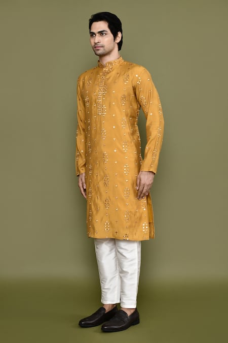 Arihant Rai Sinha_Yellow , Satin Mirrors Embroidered Kurta And Pant Set _at_Aza_Fashions