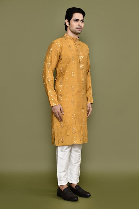 Buy_Arihant Rai Sinha_Yellow , Satin Mirrors Embroidered Kurta And Pant Set 