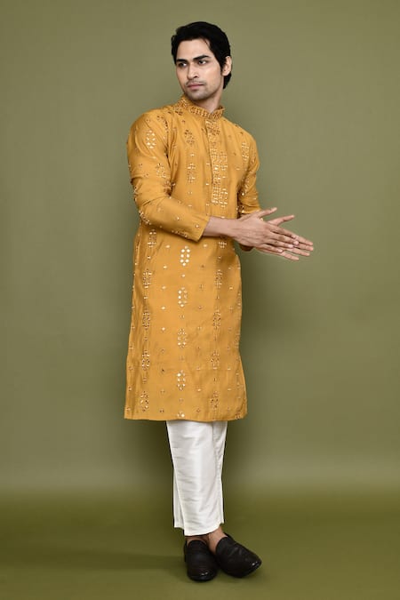 Shop_Arihant Rai Sinha_Yellow , Satin Mirrors Embroidered Kurta And Pant Set 