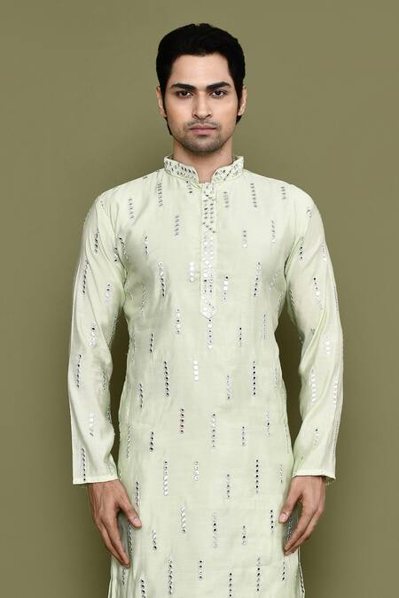 Shop_Arihant Rai Sinha_Green Silk Mirrors Work Kurta And Pant Set_Online_at_Aza_Fashions
