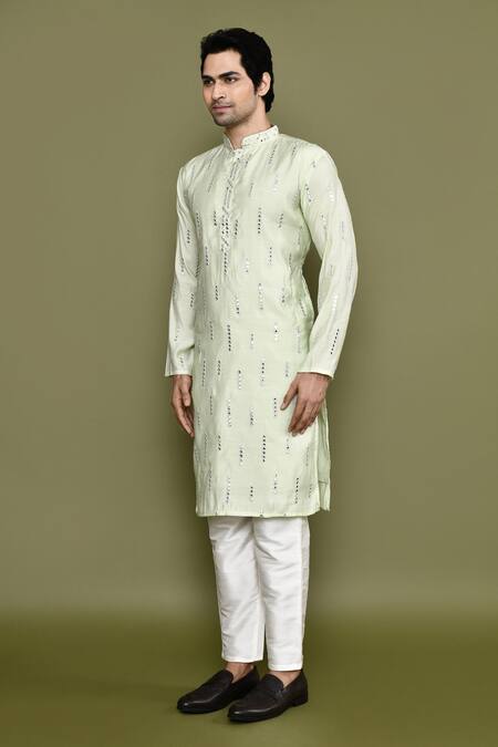 Arihant Rai Sinha_Green Silk Mirrors Work Kurta And Pant Set_at_Aza_Fashions