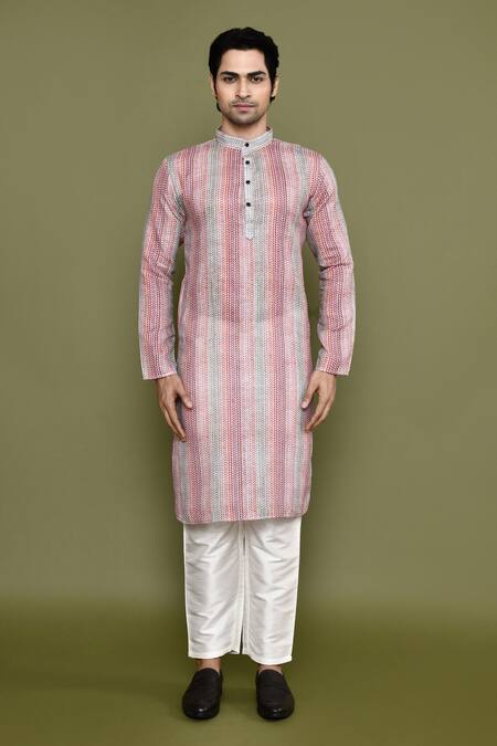 Buy_Arihant Rai Sinha_Multi Color Linen, Silk Geometric Print Kurta And Pant Set_Online_at_Aza_Fashions
