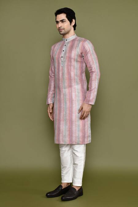 Arihant Rai Sinha_Multi Color Linen, Silk Geometric Print Kurta And Pant Set_at_Aza_Fashions