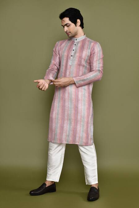Shop_Arihant Rai Sinha_Multi Color Linen, Silk Geometric Print Kurta And Pant Set