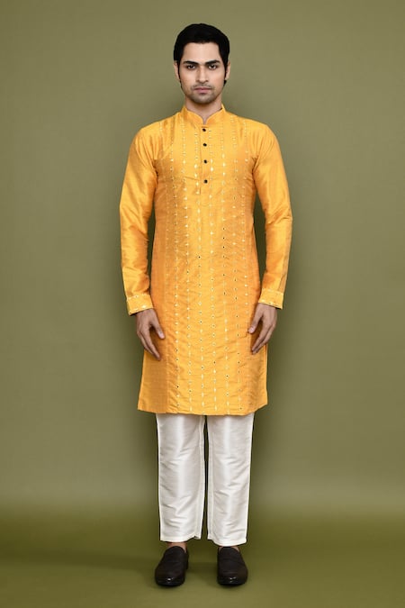 Buy Arihant Rai Sinha Yellow Silk Mirrors Straight Work Kurta And Pant Set Online at Aza Fashions Buy_Arihant Rai Sinha_Yellow Silk Mirrors Straight Work Kurta And Pant Set _Online_at_Aza_Fashions