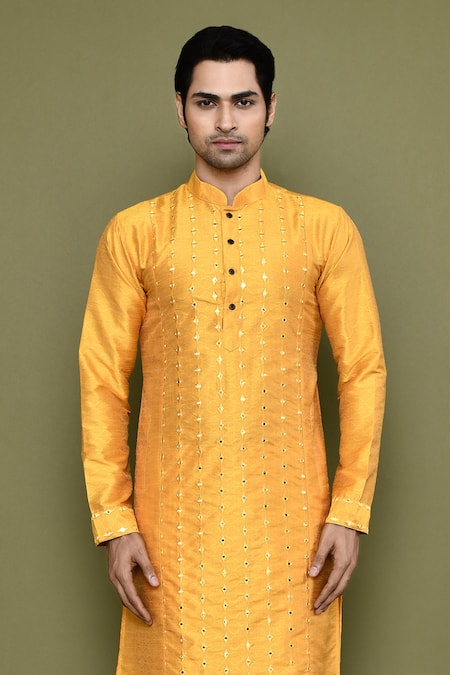 Shop Arihant Rai Sinha Yellow Silk Mirrors Straight Work Kurta And Pant Set Online at Aza Fashions Shop_Arihant Rai Sinha_Yellow Silk Mirrors Straight Work Kurta And Pant Set _Online_at_Aza_Fashions