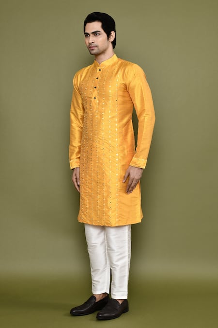 Arihant Rai Sinha Yellow Silk Mirrors Straight Work Kurta And Pant Set at Aza Fashions Arihant Rai Sinha_Yellow Silk Mirrors Straight Work Kurta And Pant Set _at_Aza_Fashions