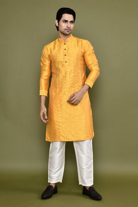 Shop Arihant Rai Sinha Yellow Silk Mirrors Straight Work Kurta And Pant Set Shop_Arihant Rai Sinha_Yellow Silk Mirrors Straight Work Kurta And Pant Set