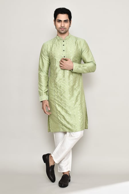 Arihant Rai Sinha Green Art Silk Embroidered Mirror Work Band Collar Kurta And Pant Set 