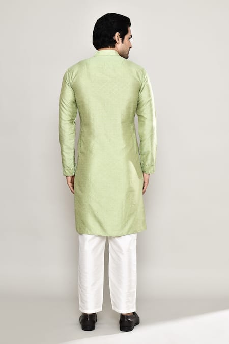 Shop_Arihant Rai Sinha_Green Silk Mirrors Work Band Collar Kurta And Pant Set _at_Aza_Fashions