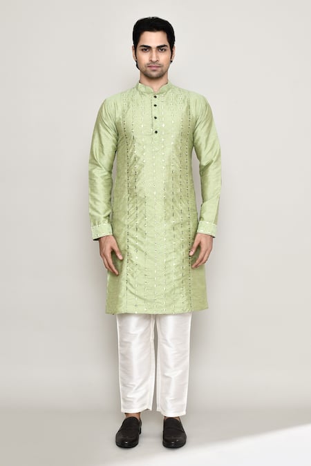 Buy_Arihant Rai Sinha_Green Silk Mirrors Work Band Collar Kurta And Pant Set _Online_at_Aza_Fashions