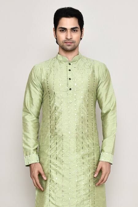 Shop_Arihant Rai Sinha_Green Silk Mirrors Work Band Collar Kurta And Pant Set _Online_at_Aza_Fashions