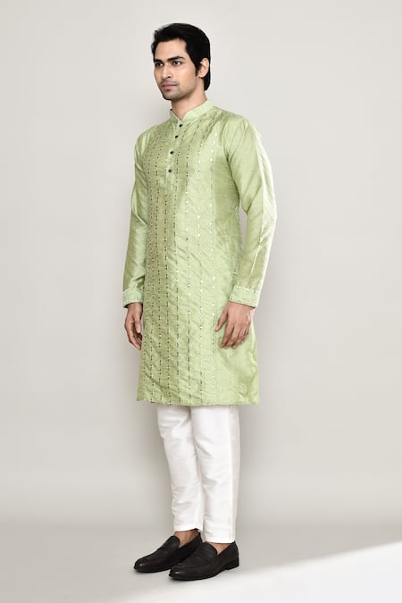 Arihant Rai Sinha_Green Silk Mirrors Work Band Collar Kurta And Pant Set _at_Aza_Fashions