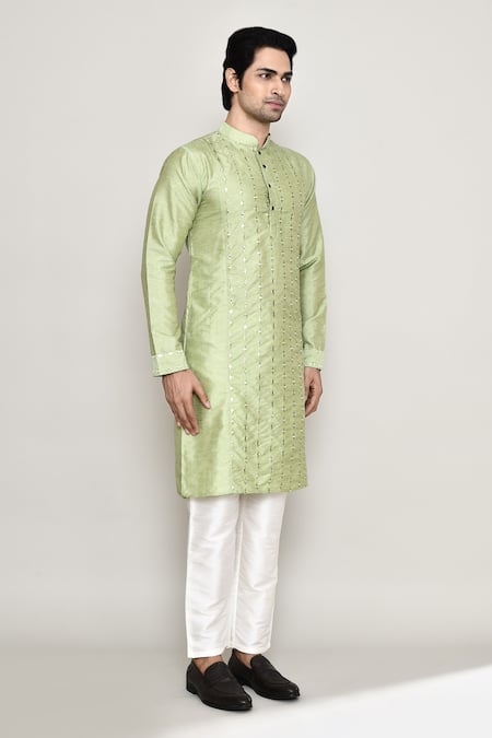 Buy_Arihant Rai Sinha_Green Silk Mirrors Work Band Collar Kurta And Pant Set 