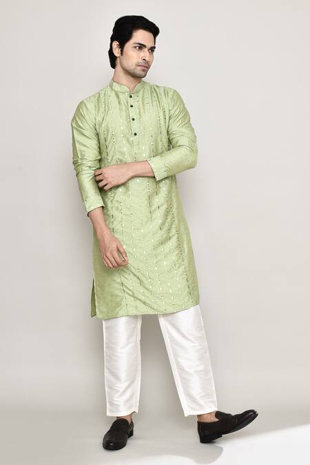 Shop_Arihant Rai Sinha_Green Silk Mirrors Work Band Collar Kurta And Pant Set 
