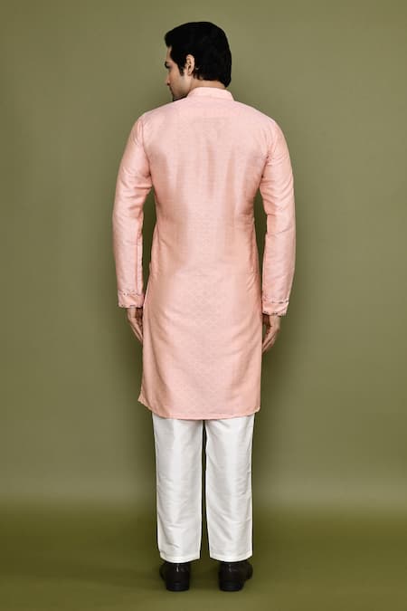 Shop Arihant Rai Sinha Peach Silk, Polyester Mirrors Straight Work Band Collar Kurta And Pant Set at Aza Fashions Shop_Arihant Rai Sinha_Peach Silk, Polyester Mirrors Straight Work Band Collar Kurta And Pant Set _at_Aza_Fashions