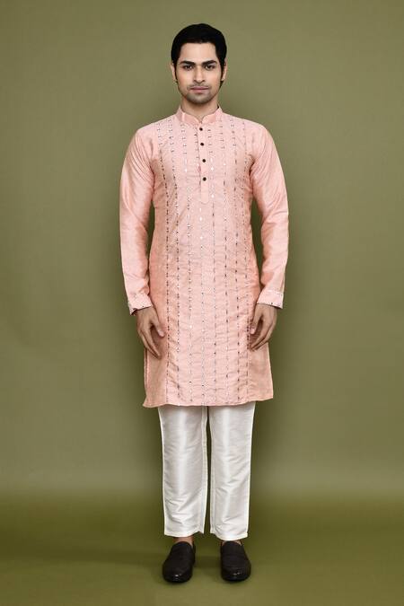 Buy Arihant Rai Sinha Peach Silk, Polyester Mirrors Straight Work Band Collar Kurta And Pant Set Online at Aza Fashions Buy_Arihant Rai Sinha_Peach Silk, Polyester Mirrors Straight Work Band Collar Kurta And Pant Set _Online_at_Aza_Fashions