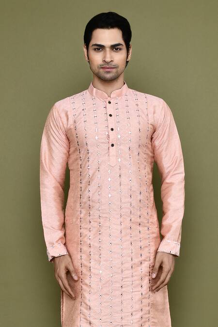 Shop Arihant Rai Sinha Peach Silk, Polyester Mirrors Straight Work Band Collar Kurta And Pant Set Online at Aza Fashions Shop_Arihant Rai Sinha_Peach Silk, Polyester Mirrors Straight Work Band Collar Kurta And Pant Set _Online_at_Aza_Fashions