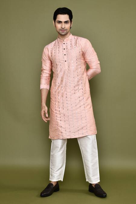 Shop Arihant Rai Sinha Peach Silk, Polyester Mirrors Straight Work Band Collar Kurta And Pant Set Shop_Arihant Rai Sinha_Peach Silk, Polyester Mirrors Straight Work Band Collar Kurta And Pant Set