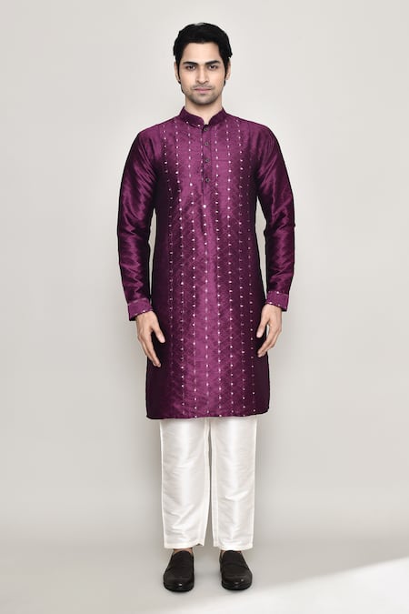 Buy_Arihant Rai Sinha_Wine Silk Mirrors Embroidered Kurta And Pant Set _Online_at_Aza_Fashions
