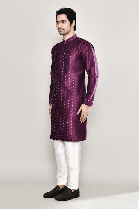 Arihant Rai Sinha_Wine Silk Mirrors Embroidered Kurta And Pant Set _at_Aza_Fashions