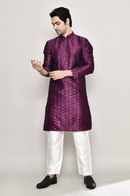 Shop_Arihant Rai Sinha_Wine Silk Mirrors Embroidered Kurta And Pant Set 