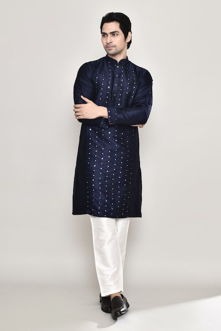 Shop Arihant Rai Sinha Blue Silk Mirrors Straight Work Kurta And Pant Set Shop_Arihant Rai Sinha_Blue Silk Mirrors Straight Work Kurta And Pant Set