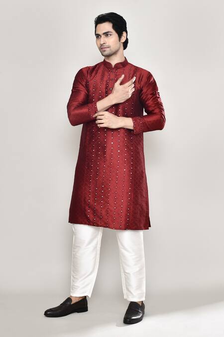 Shop Arihant Rai Sinha Maroon Silk Mirrors Work Kurta And Pant Set Shop_Arihant Rai Sinha_Maroon Silk Mirrors Work Kurta And Pant Set
