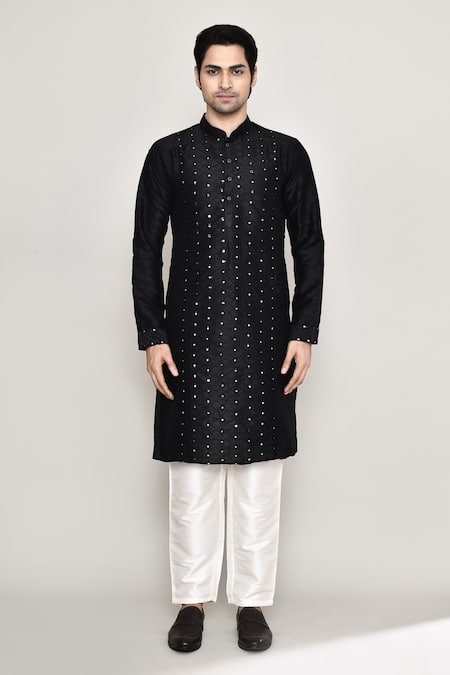 Buy_Arihant Rai Sinha_Black Silk Mirrors Straight Embroidered Kurta And Pant Set _Online_at_Aza_Fashions