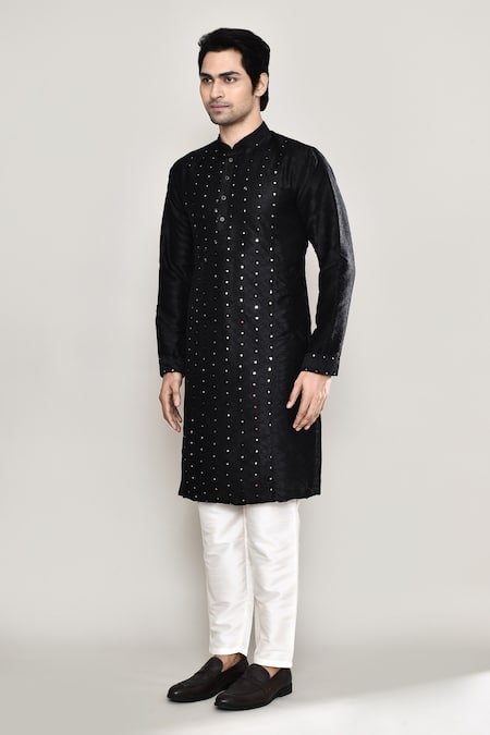 Arihant Rai Sinha_Black Silk Mirrors Straight Embroidered Kurta And Pant Set _at_Aza_Fashions