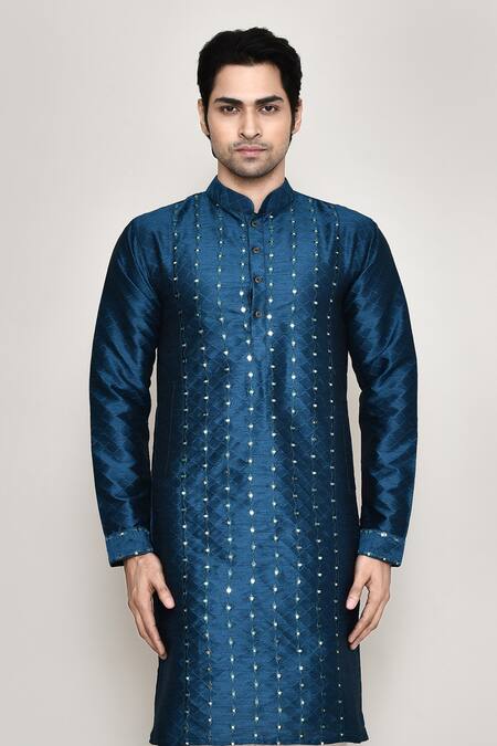 Shop Arihant Rai Sinha Blue Silk, Polyester Mirrors Thread Work Kurta And Pant Set Online at Aza Fashions Shop_Arihant Rai Sinha_Blue Silk, Polyester Mirrors Thread Work Kurta And Pant Set _Online_at_Aza_Fashions