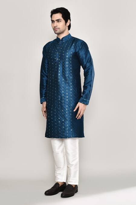 Arihant Rai Sinha Blue Silk, Polyester Mirrors Thread Work Kurta And Pant Set at Aza Fashions Arihant Rai Sinha_Blue Silk, Polyester Mirrors Thread Work Kurta And Pant Set _at_Aza_Fashions