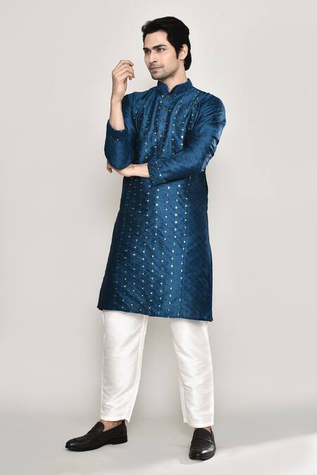 Shop Arihant Rai Sinha Blue Silk, Polyester Mirrors Thread Work Kurta And Pant Set Shop_Arihant Rai Sinha_Blue Silk, Polyester Mirrors Thread Work Kurta And Pant Set