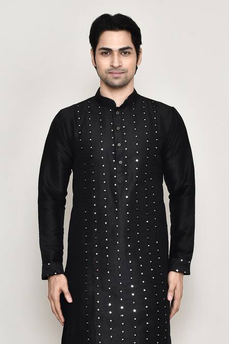 Shop Arihant Rai Sinha Black Handloom Cotton, Silk Mirrors Thread Embroidered Kurta And Pant Set Online at Aza Fashions Shop_Arihant Rai Sinha_Black Handloom Cotton, Silk Mirrors Thread Embroidered Kurta And Pant Set _Online_at_Aza_Fashions