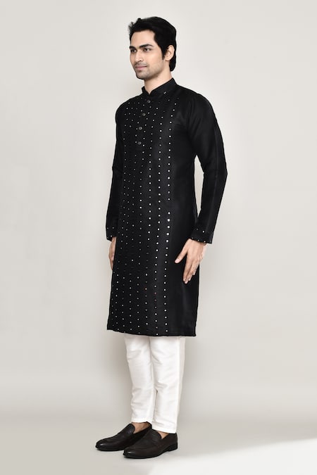 Arihant Rai Sinha Black Handloom Cotton, Silk Mirrors Thread Embroidered Kurta And Pant Set at Aza Fashions Arihant Rai Sinha_Black Handloom Cotton, Silk Mirrors Thread Embroidered Kurta And Pant Set _at_Aza_Fashions
