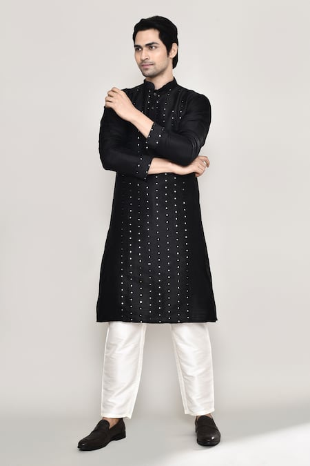 Shop Arihant Rai Sinha Black Handloom Cotton, Silk Mirrors Thread Embroidered Kurta And Pant Set Shop_Arihant Rai Sinha_Black Handloom Cotton, Silk Mirrors Thread Embroidered Kurta And Pant Set