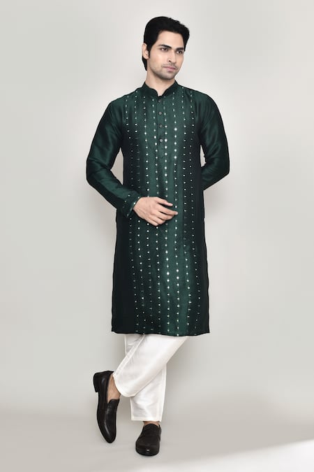 Arihant Rai Sinha Green Kurta Handloom Silk Embroidered Mirror Band Collar Straight And Pant Set 