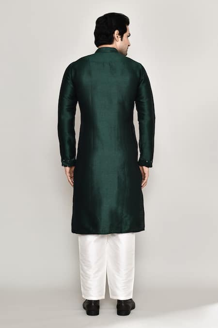 Shop Arihant Rai Sinha Green Handloom Cotton, Silk Embroidered Band Collar Straight Kurta And Pant Set at Aza Fashions Shop_Arihant Rai Sinha_Green Handloom Cotton, Silk Embroidered Band Collar Straight Kurta And Pant Set _at_Aza_Fashions