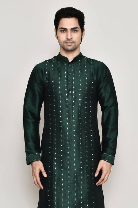 Shop Arihant Rai Sinha Green Handloom Cotton, Silk Embroidered Band Collar Straight Kurta And Pant Set Online at Aza Fashions Shop_Arihant Rai Sinha_Green Handloom Cotton, Silk Embroidered Band Collar Straight Kurta And Pant Set _Online_at_Aza_Fashions