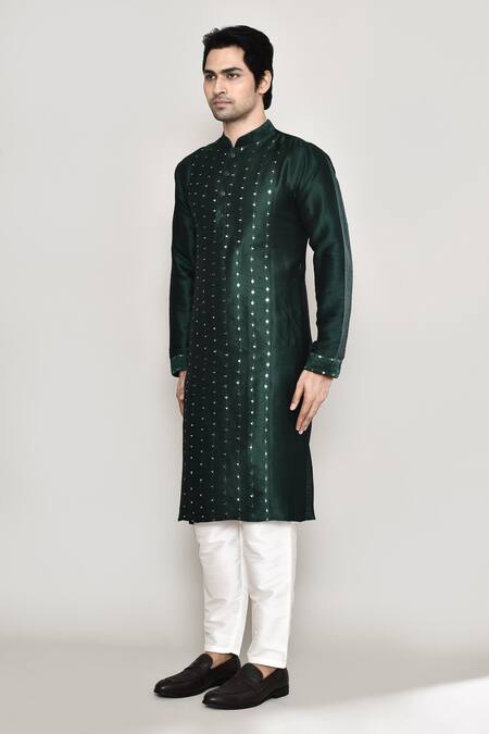 Arihant Rai Sinha Green Handloom Cotton, Silk Embroidered Band Collar Straight Kurta And Pant Set at Aza Fashions Arihant Rai Sinha_Green Handloom Cotton, Silk Embroidered Band Collar Straight Kurta And Pant Set _at_Aza_Fashions