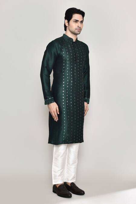 Shop Arihant Rai Sinha Green Handloom Cotton, Silk Embroidered Band Collar Straight Kurta And Pant Set Shop_Arihant Rai Sinha_Green Handloom Cotton, Silk Embroidered Band Collar Straight Kurta And Pant Set