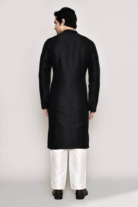 Shop Arihant Rai Sinha Black Handloom Cotton, Silk Embroidery Sequin Work Kurta And Pant Set at Aza Fashions Shop_Arihant Rai Sinha_Black Handloom Cotton, Silk Embroidery Sequin Work Kurta And Pant Set _at_Aza_Fashions