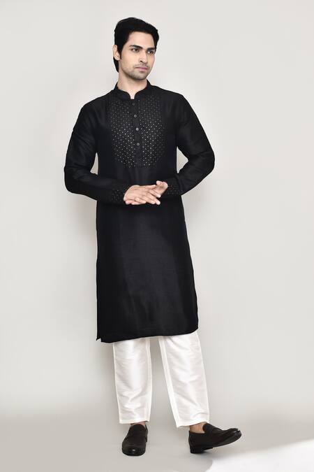 Shop Arihant Rai Sinha Black Handloom Cotton, Silk Embroidery Sequin Work Kurta And Pant Set Shop_Arihant Rai Sinha_Black Handloom Cotton, Silk Embroidery Sequin Work Kurta And Pant Set