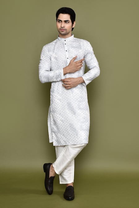 Shop Arihant Rai Sinha Blue Cotton, Silk Sequins Printed Embroidered Kurta And Pant Set Shop_Arihant Rai Sinha_Blue Cotton, Silk Sequins Printed Embroidered Kurta And Pant Set