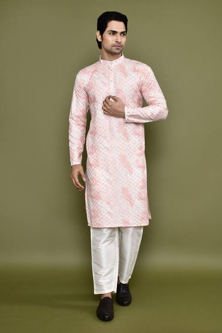 Shop Arihant Rai Sinha Pink Cotton, Silk Sequins, Embroidery Abstract Print Kurta And Pant Set Shop_Arihant Rai Sinha_Pink Cotton, Silk Sequins, Embroidery Abstract Print Kurta And Pant Set