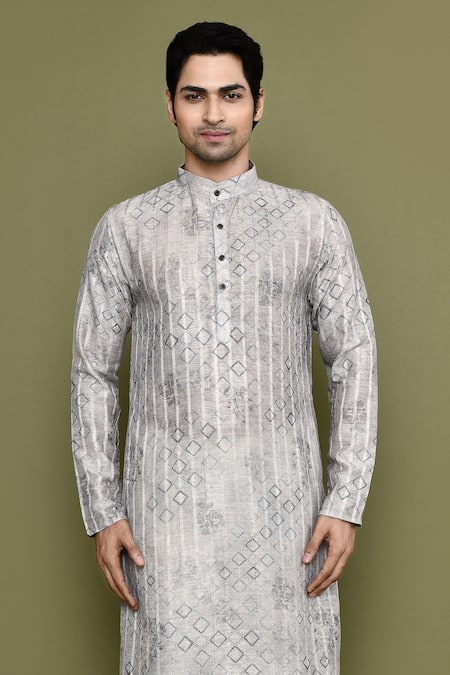 Buy_Arihant Rai Sinha_Grey Cotton, Silk Embroidery Vintage Diamonte Bloom Print Kurta With Pant_Online_at_Aza_Fashions