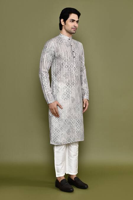 Arihant Rai Sinha_Grey Cotton, Silk Embroidery Vintage Diamonte Bloom Print Kurta With Pant_at_Aza_Fashions